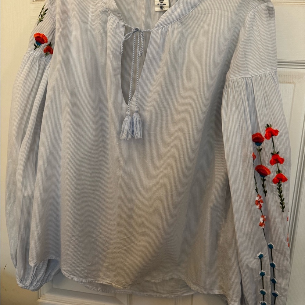 L.O.G.O Light Blue Blouse with Red Floral Embroidery Size 6 - Picture 2 of 6